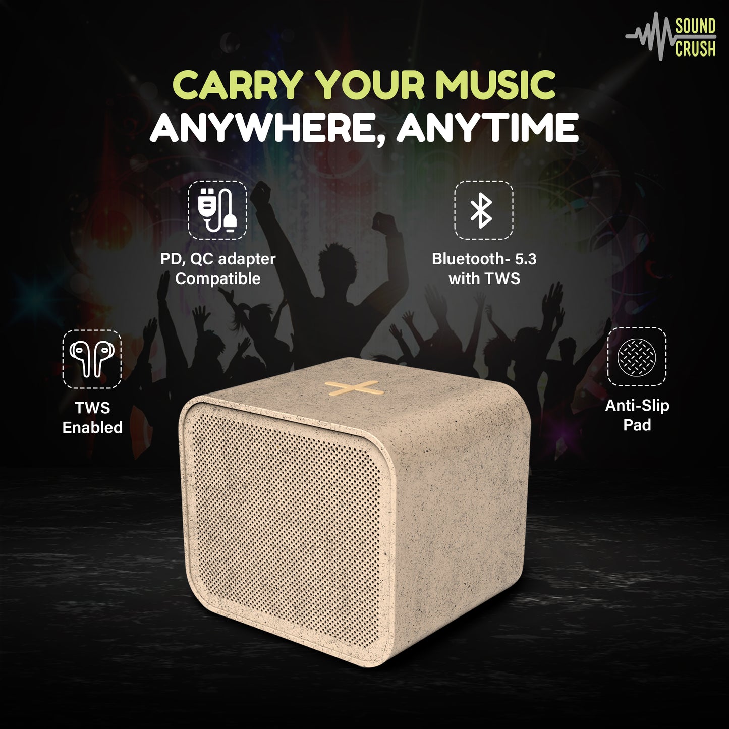 Boox ---- Portable Speaker with Strong Bass, 15W Wireless Charging, TWS Pairing, 8-Hour Playtime, Eco-Friendly