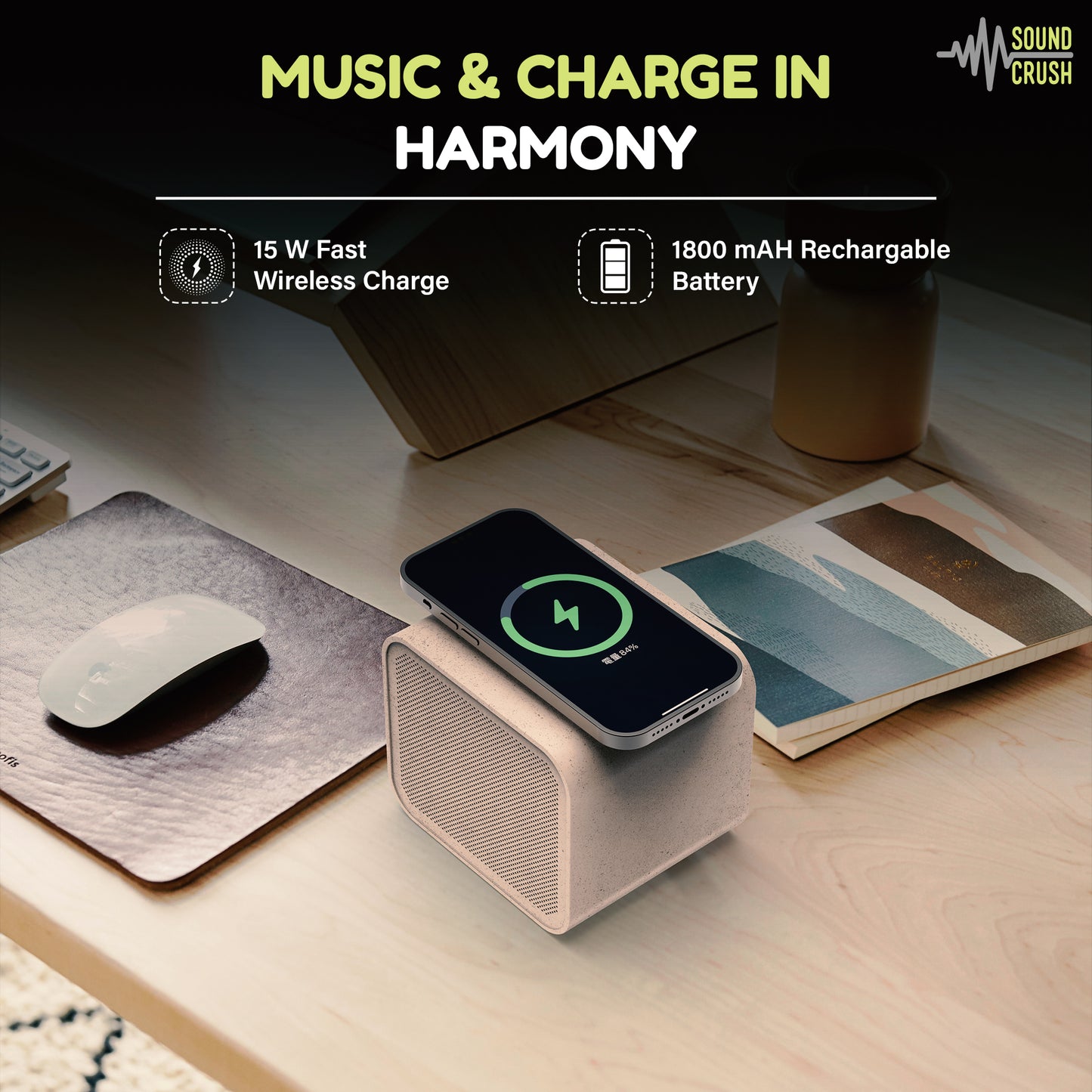 Boox  ---- Portable Speaker with Strong Bass, 15W Wireless Charging, TWS Pairing, 8-Hour Playtime, Eco-Friendly