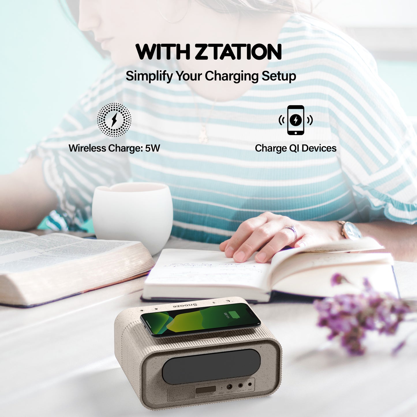 Ztation Speaker ---- Wireless Charging, Bluetooth Streaming, FM Radio, and Dual Alarms, Built-in Hidden Clock, Made from Biodegradable Materials